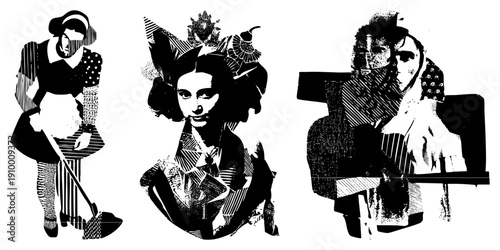 Halftone, geometric, bold vector portraits of maid, ornate headpiece woman, seated figure. High contrast graphic design with textures.