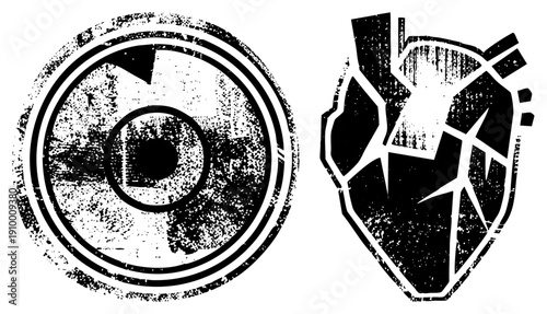 Graphic symbols featuring a concentric circle target and fractured heart, both in distressed black and white, ideal for branding or design projects.