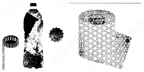 Black and white vector plastic bottle, spiky circle, toilet paper roll with halftone, gritty textures, isolated elements.
