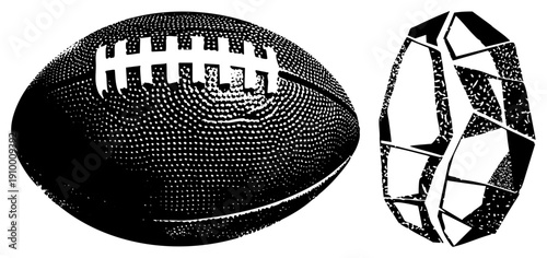 American football with laces and textured surface, rugby ball with panel design, both rendered in black and white halftone style, sports equipment graphic, athletic.