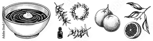 Artistic black and white illustration of olive oil in bowl, olive branches, citrus fruits, and essential oil bottle, rendered in classic halftone engraving technique.