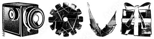 Classic halftone vector box camera, gear wheel, hammock, gift box. Retro illustration style,, isolated elements. Perfect for design, UI, or print.