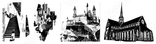 Black/white vector urban & historical architecture (staircase,,, Gothic church) in halftone, isolated foreground elements.