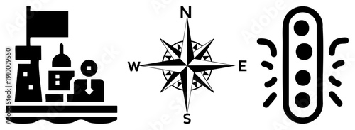 Maritime navigation including lighthouse beacon, compass rose direction, light system, nautical chart symbols, sea travel guides, coastal navigation tools.
