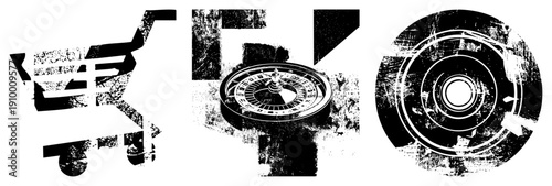 Distressed black vector shopping cart, roulette wheel, target symbol. Urban grit aesthetic, isolated elements, high contrast stencil style.