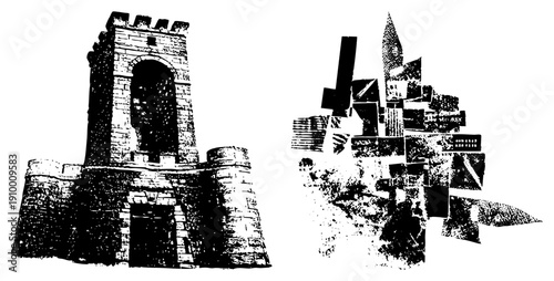Stone fortress tower with crenellations and doorway, juxtaposed with fragmented modern skyscrapers, halftone texture, architectural contrast, black and white vector art.