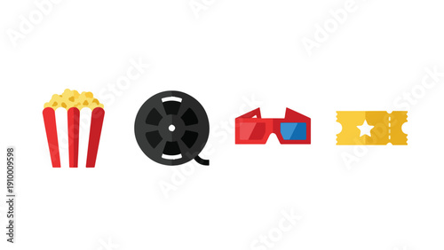 Cinema Movie Night Entertainment Icon Set, Popcorn Film Reel 3D Glasses Ticket Collection