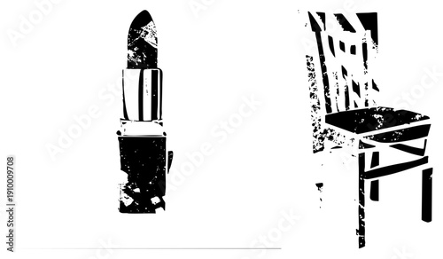 Black and white vector illustrations of a lipstick and chair, stylized with grunge texture, graphic design elements, isolated objects, bold, artistic renderings.