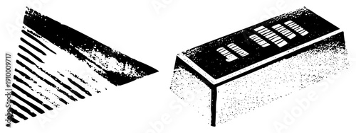 Vector illustration of gold bar and, stylized mountain shapes, halftone texture, black and white, isolated graphic elements.