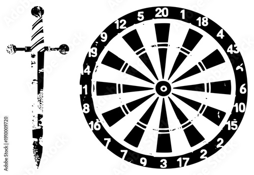 Classic dartboard with numbered segments and bullseye, medieval sword with hilt and blade, vector graphic, game equipment, combat weapon, target sport, historical weapon.