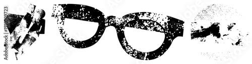 Fragmented geometric forms with halftone speckles, abstract composition, graphic design elements, vector art,, stylized shapes, modern minimalism.