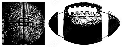 Basketball with panel and halftone texture, American football with laces and textured surface, vector sports, isolated graphic elements, athletic equipment.