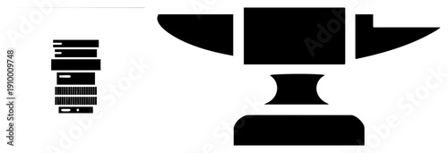 Camera lens with zoom rings and anvil with hammer stand, black vector, industrial and tools, isolated graphic elements.