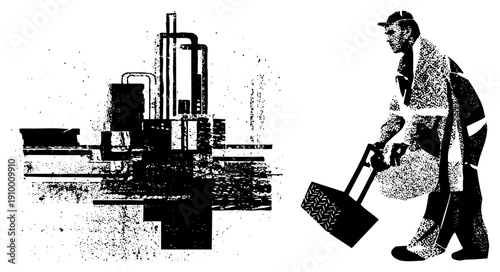 Factory laborer hauling cargo with dolly, industrial equipment, warehouse worker, manufacturing floor, black and white halftone graphic.