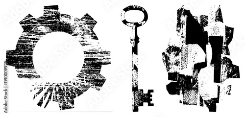 Grunge styled mechanical gear, classic skeleton key, and fragmented industrial, vector art with distressed texture, ideal for retro tech or lock themed design.