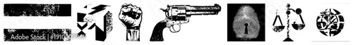 Vector graphic with distressed stripes, fist, revolver, fingerprint, scales, and starburst symbols. High contrast design. Ideal for protest, justice, or security themes.