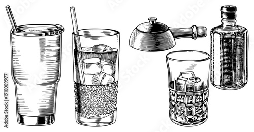 Hand drawn sketch of classic drinking vessels, including tumblers, tumbler with textured base, insulated tumbler, cocktail shaker, and liquor bottle, all with ice and straws.