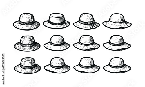 Hat outline icon set. Collection of fashionable headwear outline illustrations.
