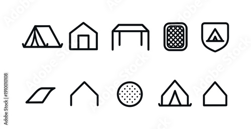 Camping, outdoors line icon set. Tents, shelter essentials linear collection