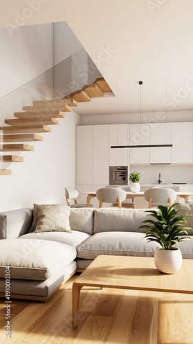 Bright and spacious modern living room with open plan kitchen and elegant