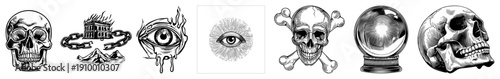 Gothic skull motifs, all seeing eye with dripping, flaming chains, crystal ball, and dark occult symbols, mystical, vector art, black and white art.