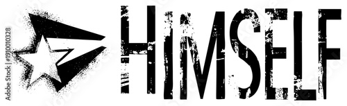 Distressed typography reading "HIMSELF" beside a starburst emblem, gritty stencil style, urban logo design, vector art, edgy branding element.
