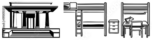 Architectural temple with columns, bunk bed with ladder, study desk with chair and lamp, minimalist drawing, educational or dormitory setting.
