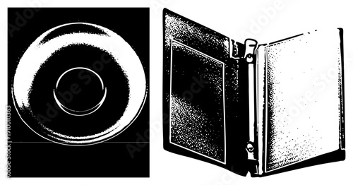 Classic film camera with hinged design, circular lens, textured halftone shading, retro gear, analog camera, vintage camera, film equipment.