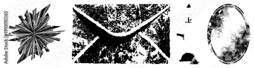 Vector graphic featuring stylized starburst, envelope, lighthouse, and oval with halftone, isolated elements, design, graphic art.