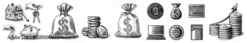 Monetized assets including piggy bank, money bags, coins, laptop, and rising chart, symbolizing finance, budgeting, and economic progress.