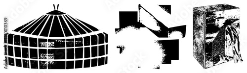 Mongolian yurt with radial roof and grid walls, abstract fragmented shapes, textured box with draped fabric, vector art, flat design, cultural architecture, minimalist composition.