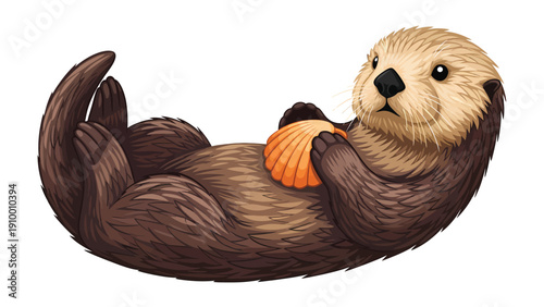 Adorable Sea Otter Floating on Back Holding a Seashell - Isolated Digital Illustration