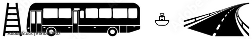Vector of ladder, bus, cargo ship, winding road minimalist black shapes, transportation and logistics symbols, flat design, isolated elements.