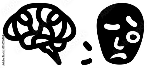 Abstract brain with neural pathways, paired with stylized face mask, representing emotional suppression or mental health awareness, minimalist vector design.