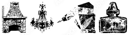 Black and white vector illustrations of classic fireplace, elegant chandelier, geometric sculpture, vintage perfume bottle all isolated, stylized,, decorative elements.