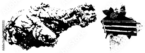 Black and white halftone illustration of fried chicken leg and layered cake with garnish, stylized food art, graphic design element, isolated dessert and protein.