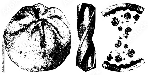 Vector halftone graphic of dumpling, drill bit, and pizza slice, stylized with dot, isolated food tools, mechanical and culinary.