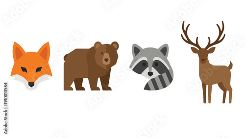 Cute Forest Wildlife Animal Character Icon Set, Fox Bear Raccoon Deer Collection Illustration