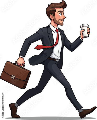 Stylish cartoon businessman in a suit and red tie running with a briefcase and coffee.