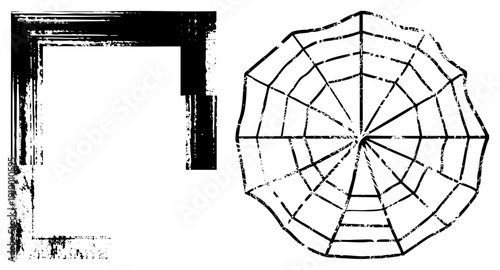 Distressed black vector frame corner and radial spiderweb, graphic design assets, textured, vintage aesthetic, isolated vector shapes.