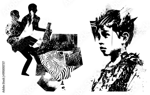 Graphic illustration of two figures one corporate, one youthful rendered in high contrast halftone and stippling, conveying modern digital artistry and conceptual contrast.