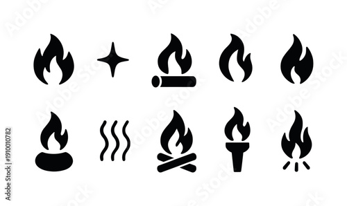 Fire, flame silhouette icon set. Bonfire, torch, heat icons collection