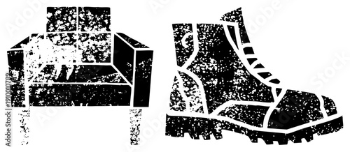 Stylized armchair and combat boot rendered in gritty halftone, retro graphic design, isolated vector, textured black and white, urban aesthetic.
