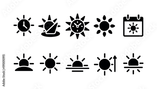 Sun and time silhouette icon set. Solar and clock symbols collection