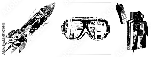 Retro with checkered fins, aviator goggles with American flag motif, classic lighter with textured design, all in halftone vector art.