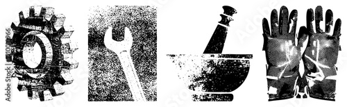 Set of mechanical tools including gear, wrench, mortar pestle, and work gloves, rendered in halftone style, isolated vector for industrial or repair contexts.