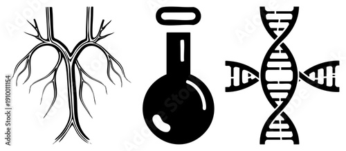 DNA double helix, lung bronchial tree, laboratory flask, biological research, science education graphics, medical illustration elements.