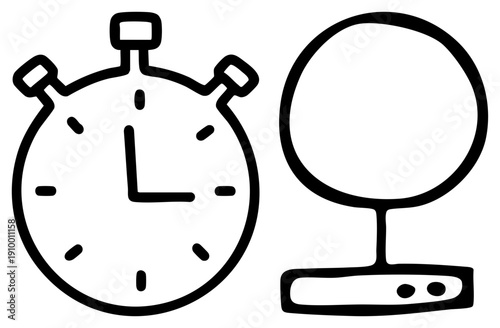Digital timer and network router symbols,, tech equipment, internet connectivity, time management tools, vector graphic.