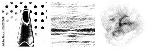 Vector halftone graphic featuring dot gradients, waveforms, and blurred circular forms, ideal for print design, digital art, or texture.