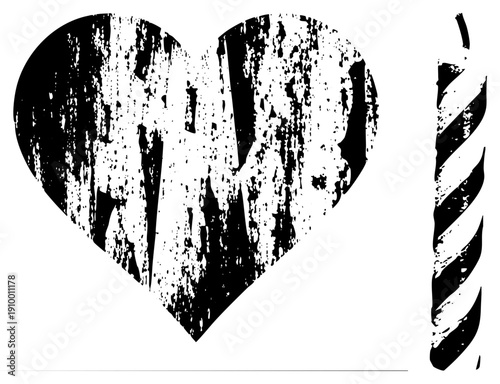 Distressed heart symbol with weathered texture, candlestick with diagonal stripes, vector art, romantic or gothic design elements, isolated graphic assets.